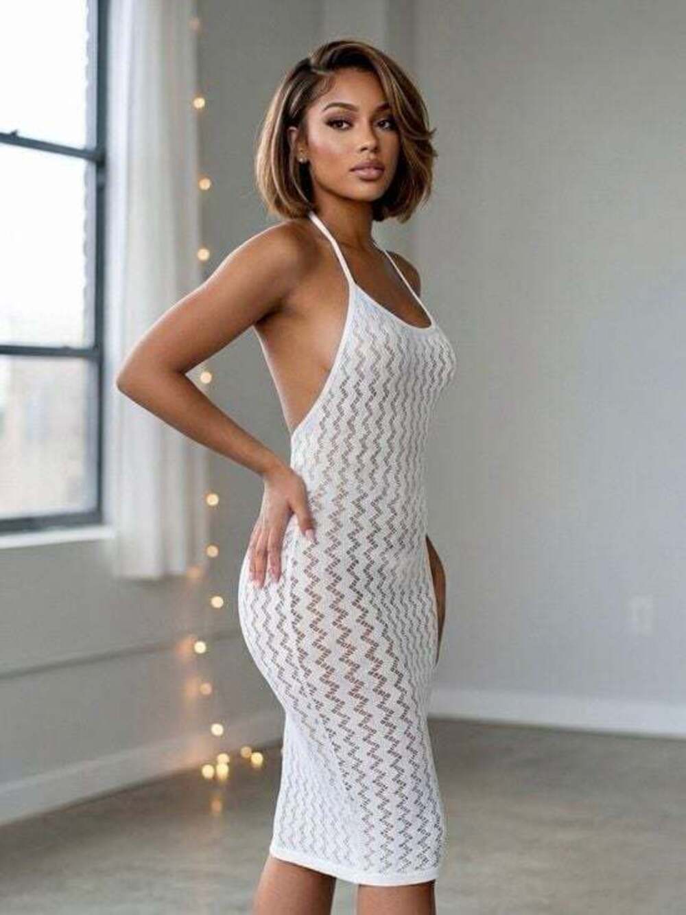 White Crochet Midi Dress with Halter Neck OS